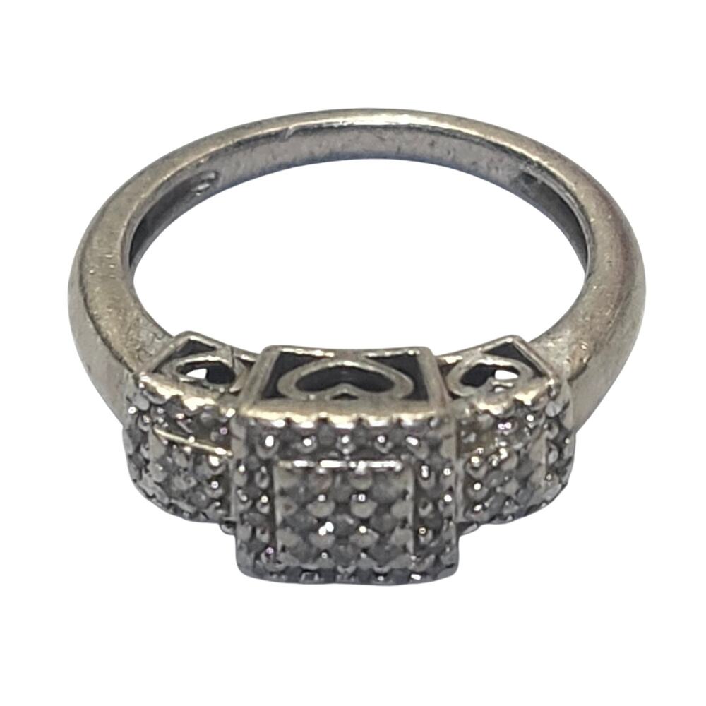 925 SUN Sterling Silver Diamond Heart Pave Ring Size 7